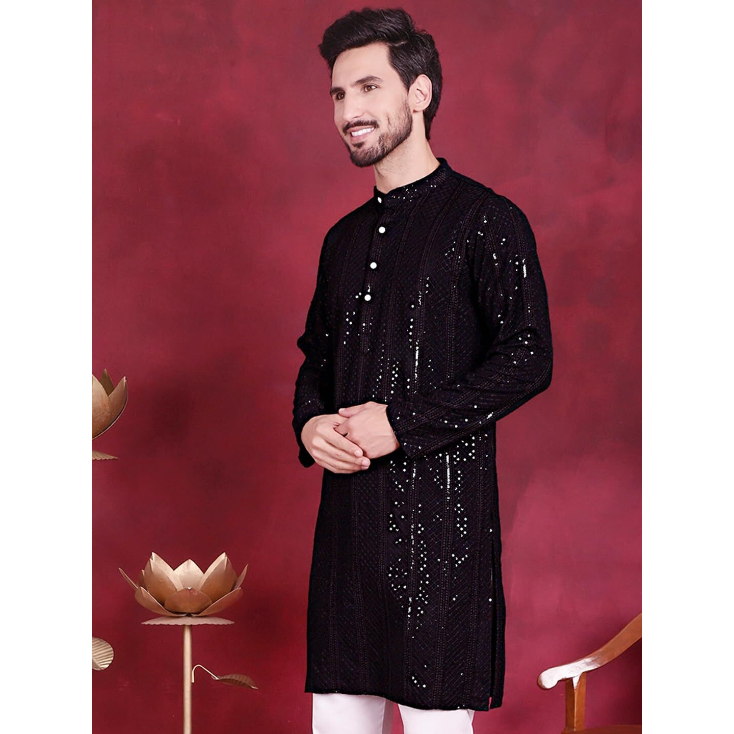 Jompers Men's Sequins Chikankari Embroidered Kurtas (Black, Xxl)