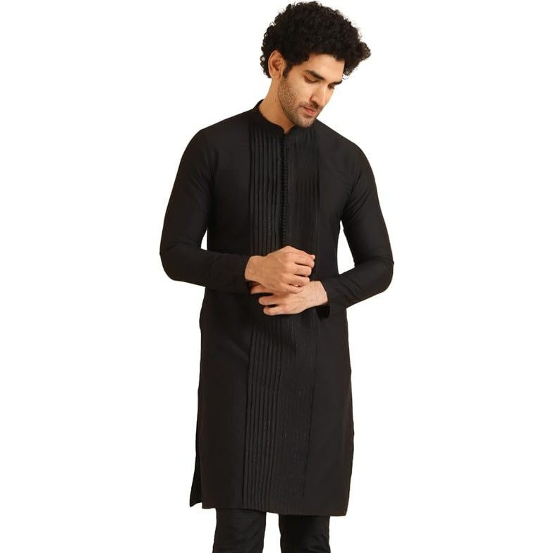 Kisah Men's Kurta, Black Cotton Blend, Solid Regular Fit Mandarin Collar Long Sleeves (42)