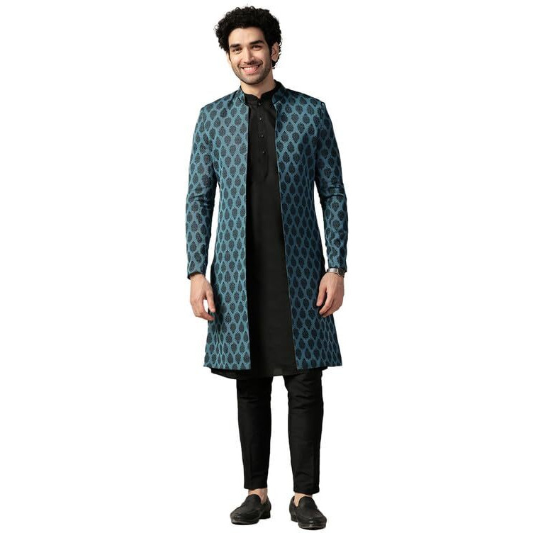 Kisah Men's Indo-Western Kurta Sherwani Trouser Set, Turquoise Blue Silk Blend, Woven Design Regular Fit Mandarin Collar Long Sleeves (42)