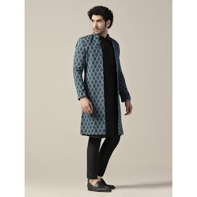 Kisah Men's Indo-Western Kurta Sherwani Trouser Set, Turquoise Blue Silk Blend, Woven Design Regular Fit Mandarin Collar Long Sleeves (42)