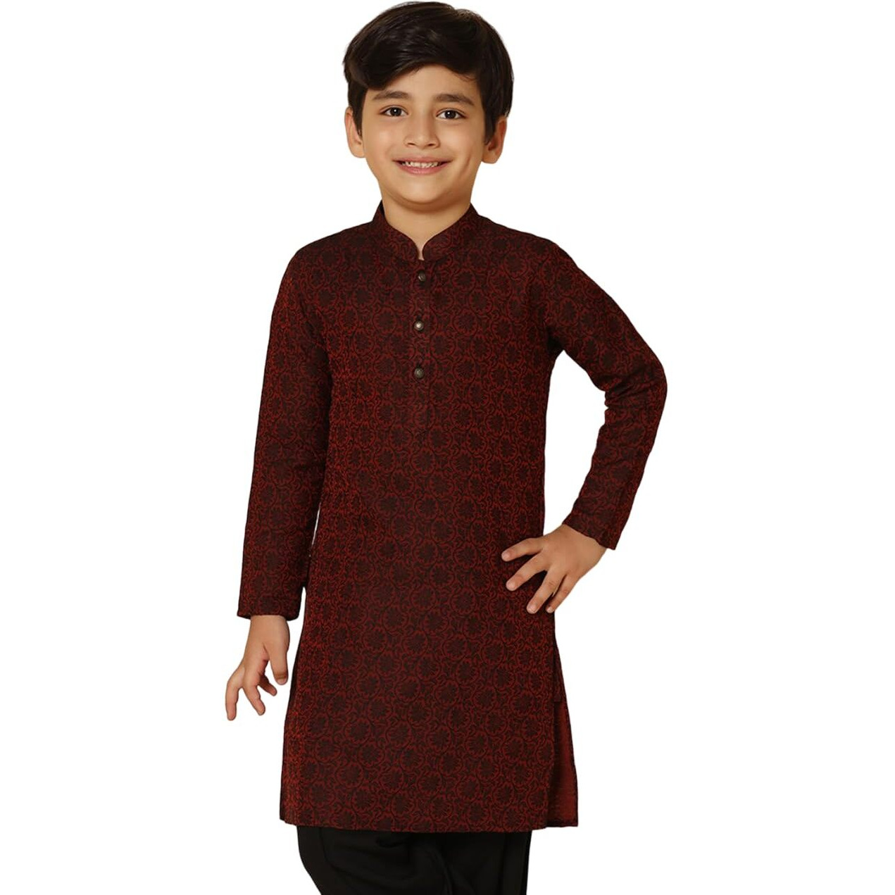Kisah Kid's Jacquard Full Sleeves Regular Fit Knee Length Woven Maroon Kurta (9-10Y)