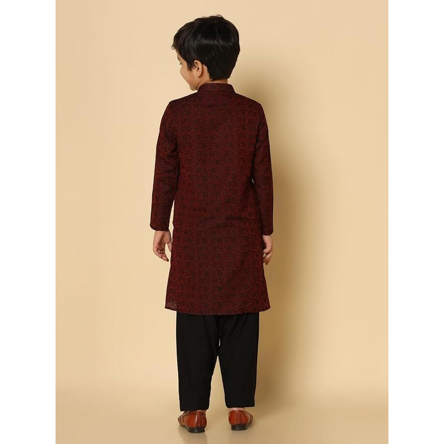 Kisah Kid's Jacquard Full Sleeves Regular Fit Knee Length Woven Maroon Kurta (9-10Y)