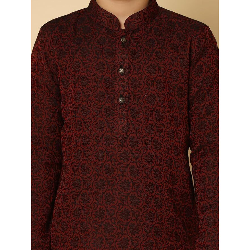 Kisah Kid's Jacquard Full Sleeves Regular Fit Knee Length Woven Maroon Kurta (9-10Y)