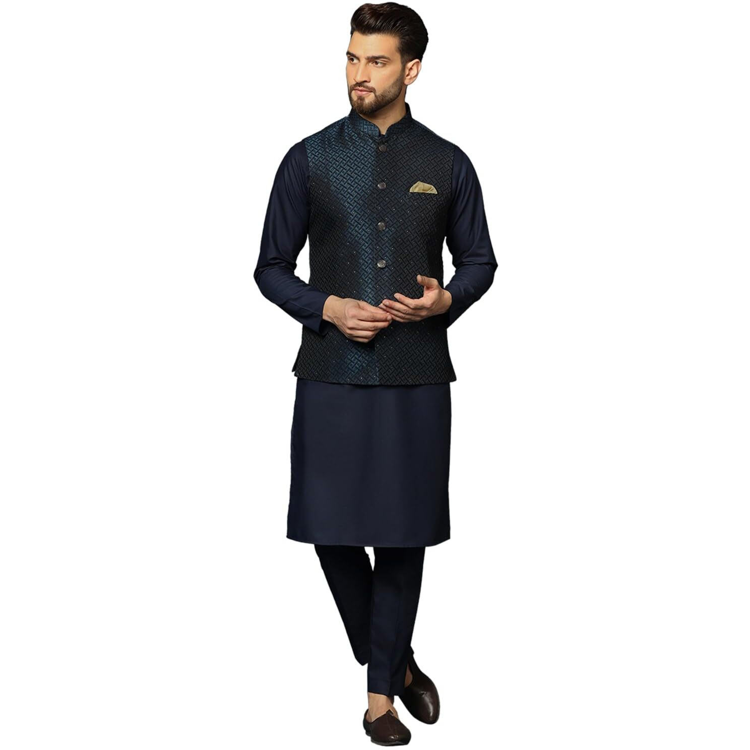 Kisah Men's Blue Kurta Jacket Trousers Set Cotton Blend, Woven Design, Mandarin Collar Ethnic Wear, 42