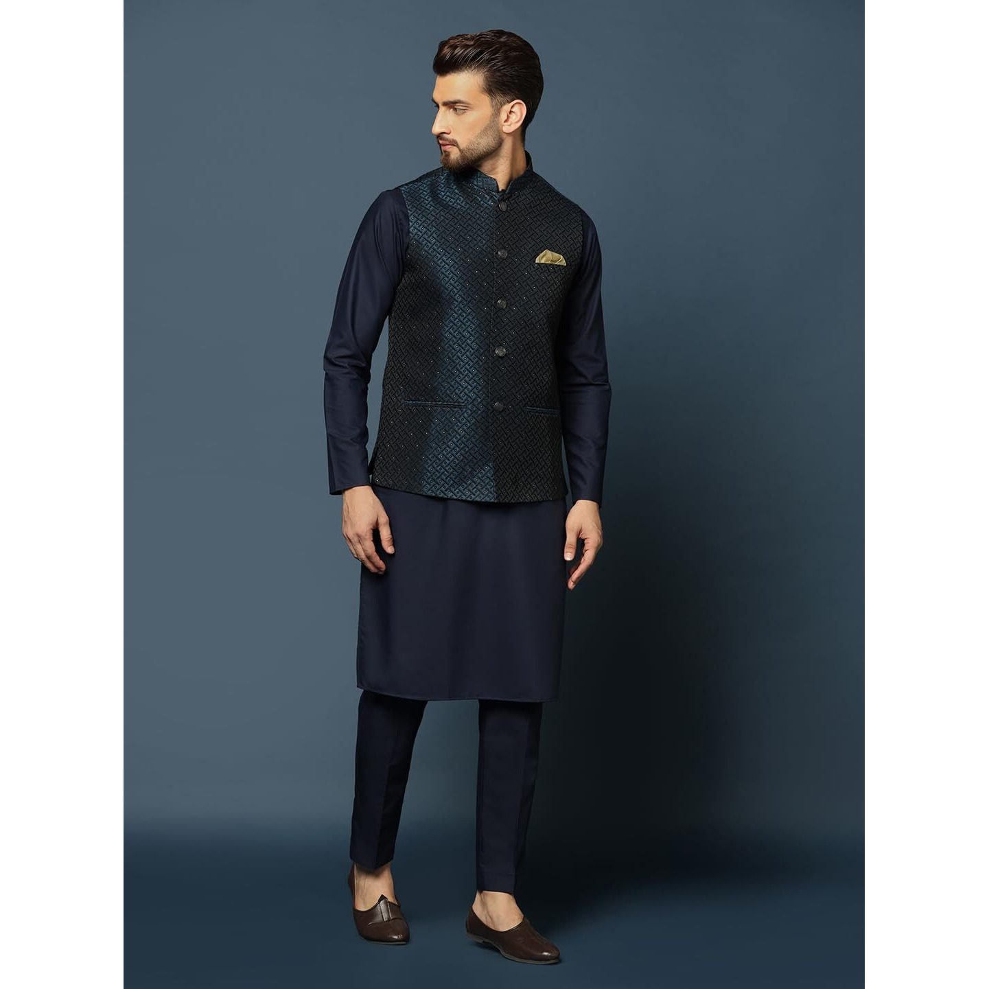 Kisah Men's Blue Kurta Jacket Trousers Set Cotton Blend, Woven Design, Mandarin Collar Ethnic Wear, 42