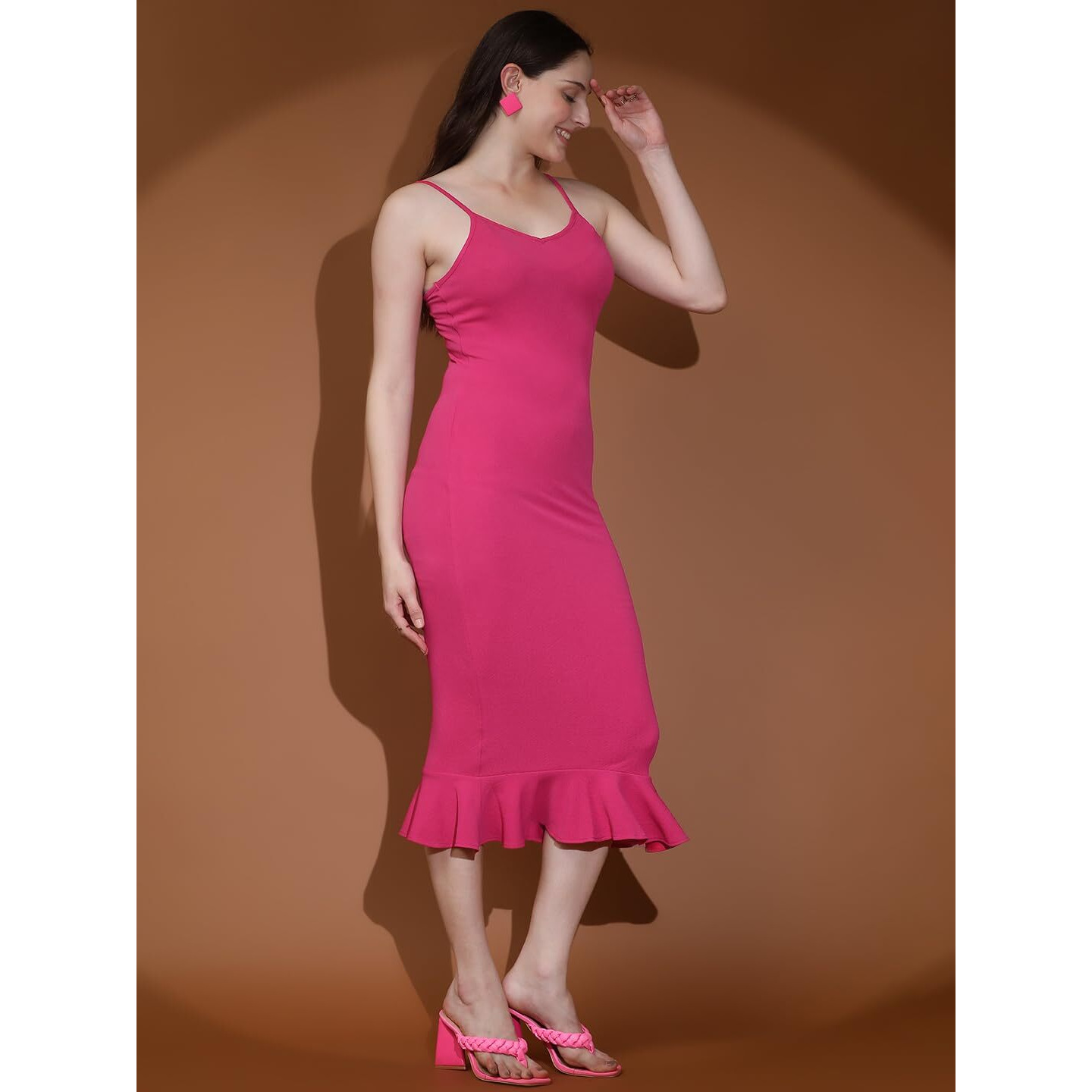 Kotty Women's Shoulder Straps Bodycon Midi Dress(Pink,M)