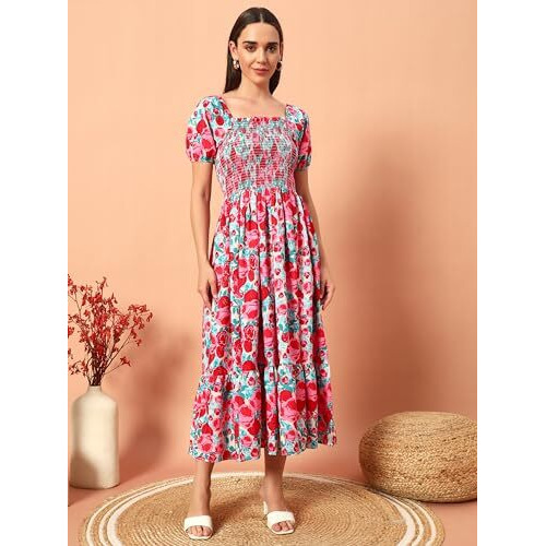 Kzully Women's Rayon Smocked Midi Dress (1003-Pink-Xs_Pink