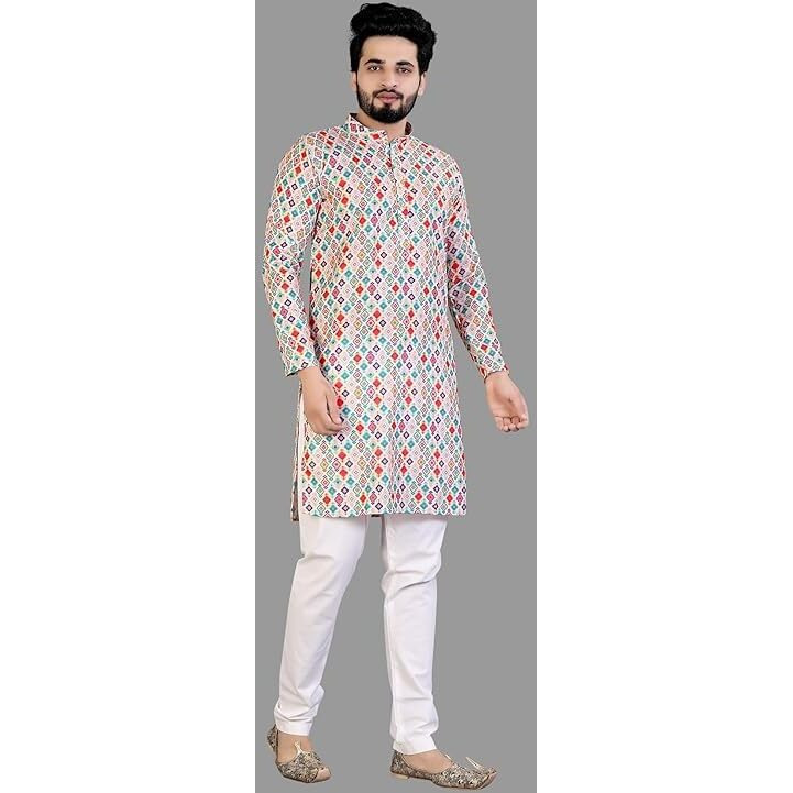 Lookmark Men's Cotton Blend Printed Long Kurta Suitable For All Indian Wedding, Occasions, And Festivals (Az-Lm-Og-Kurta 14-L) Grey