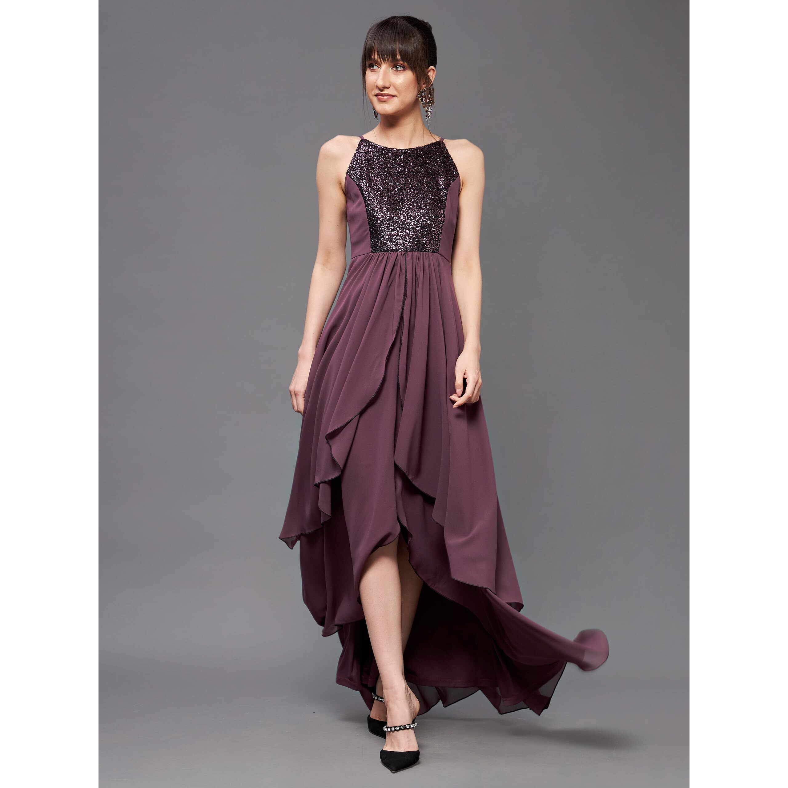 Miss Chase Women's Halter Neck Sleeveless Embellished Layered Maxi Dress (Mcss22D13-69-271-06, Mauve, Xl)