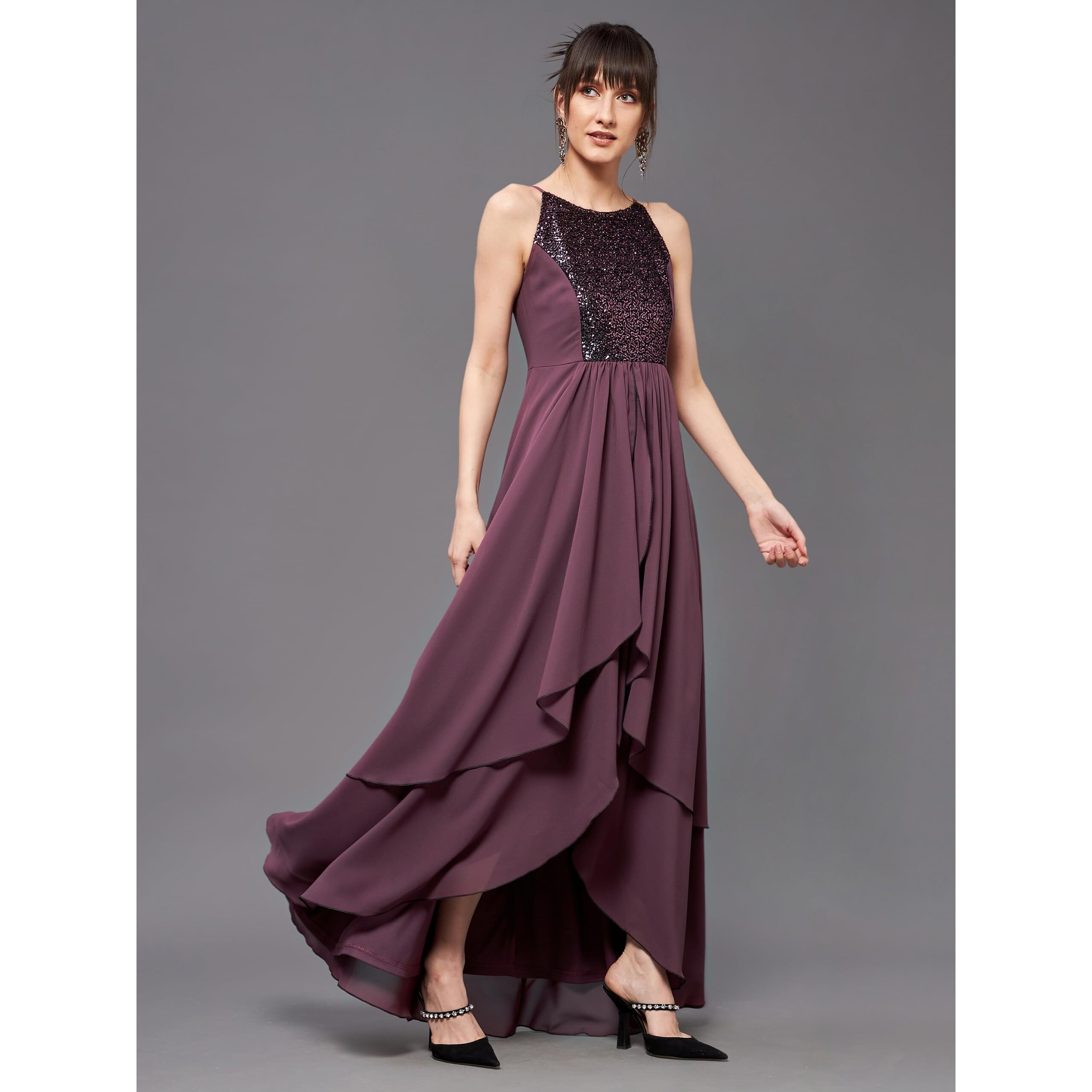 Miss Chase Women's Halter Neck Sleeveless Embellished Layered Maxi Dress (Mcss22D13-69-271-06, Mauve, Xl)