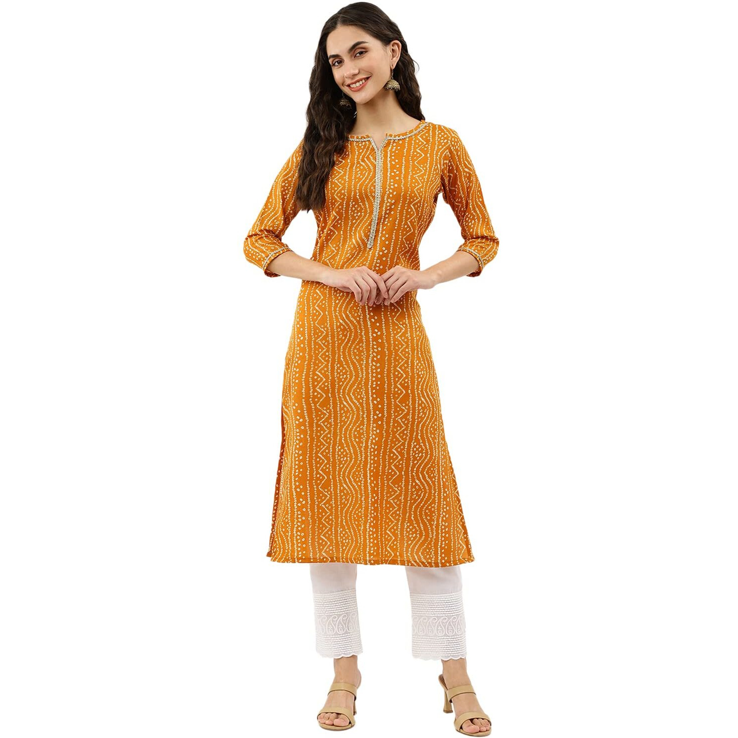 Nainvish Women's Cotton Blend Printed Straight V-Neck Kurta (Sd360_K-Xl_Yellow)