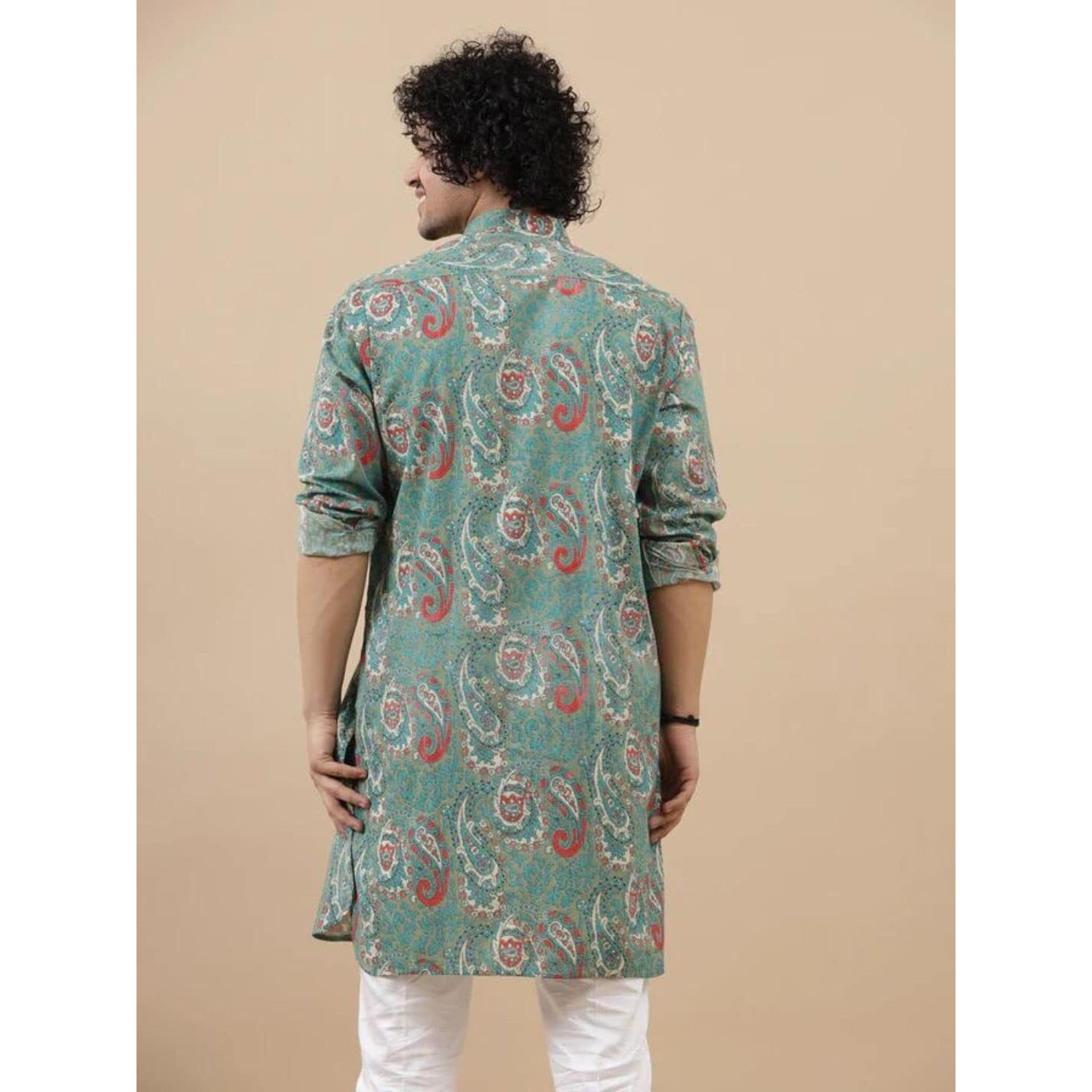 Om Sai Latest Creation Men's Kurta || Rayon Motif Printed Kurtas For Men || Stand Collar Neck With Full Sleeve Straight Kurta For Men || Casual Kurta For Mens (Large, Green) Oslc-M145