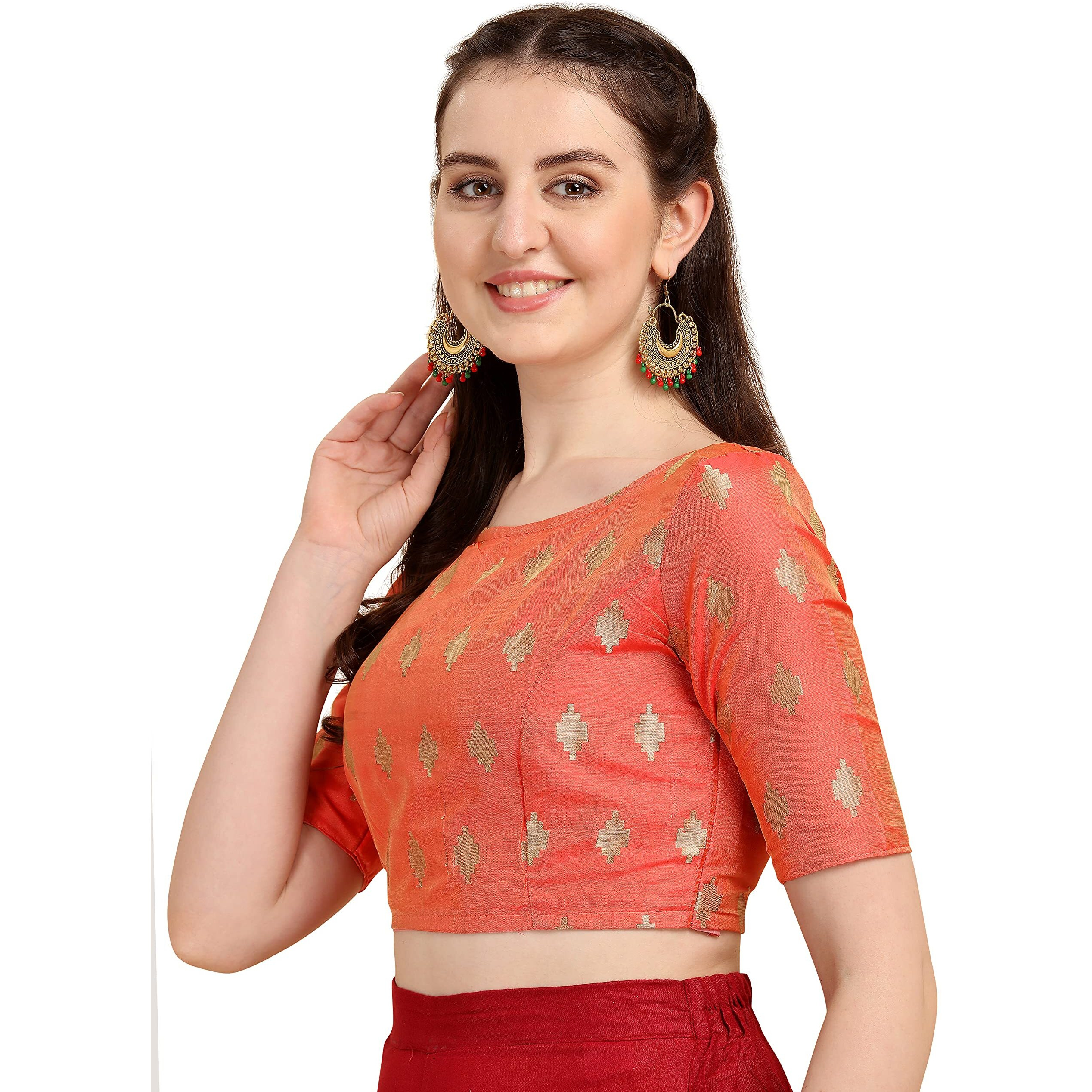 Oomph Women's Indian Ethnic Wear Designer Zari Work Boat Neck Half Sleeve Readymade Non - Padded Blouse For Saree And Lehnga And Palazzos Or Skirts For A Fusion Twist.