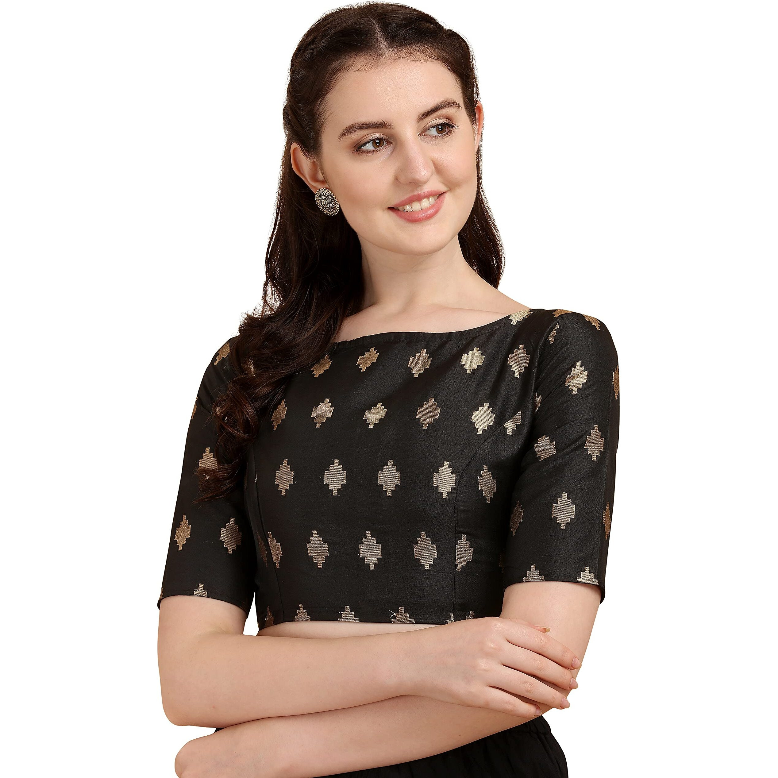 Oomph Women's Art Silk Geometric Half Sleeve Blouse (Rbbl101Xl_Jet Black_Xl)