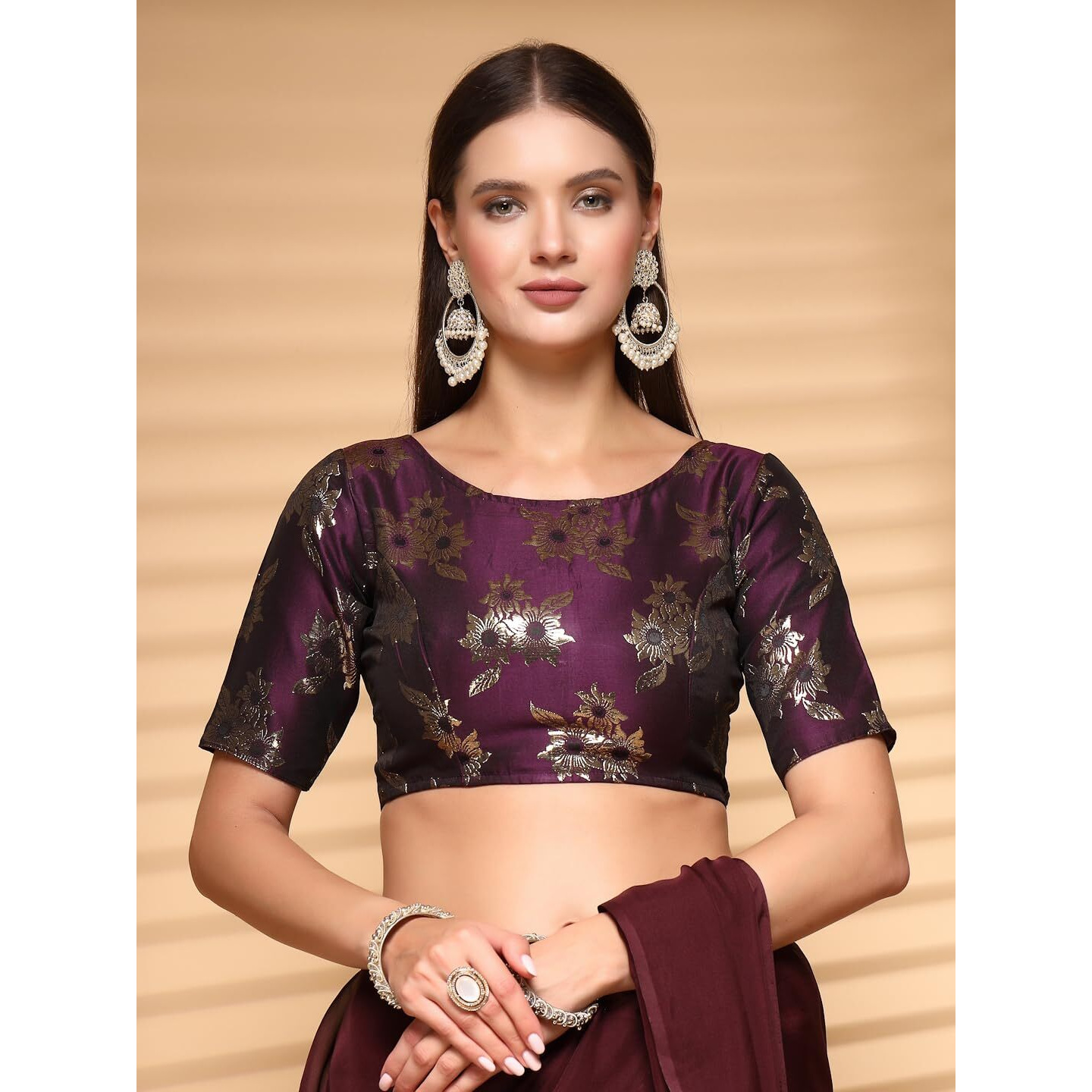 Oomph Women's Indian Ethnic Wear Designer Floral Pattern Zari Work Boat Neck Half Sleeve Purple Color Brocade Readymade Blouse For Saree Or Lehnga And Fusion Twist. Xl