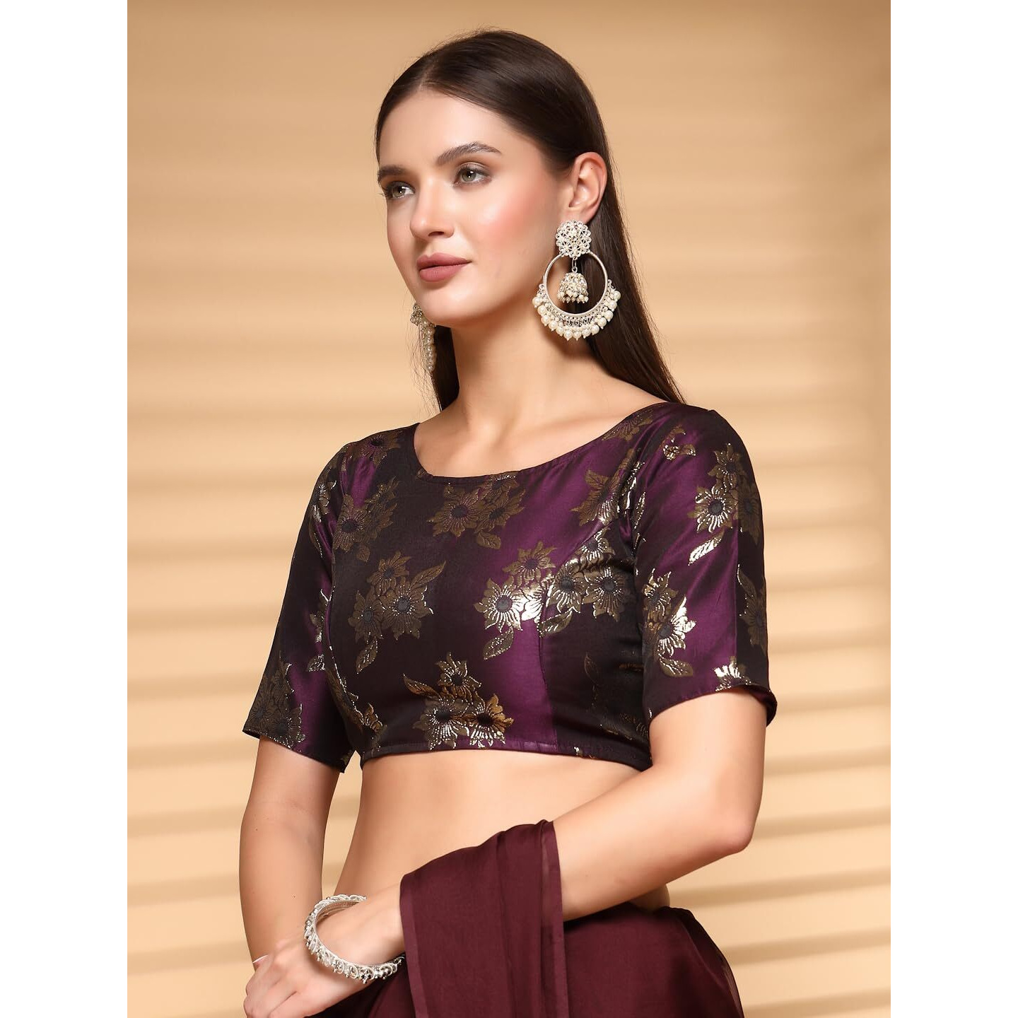 Oomph Women's Indian Ethnic Wear Designer Floral Pattern Zari Work Boat Neck Half Sleeve Purple Color Brocade Readymade Blouse For Saree Or Lehnga And Fusion Twist. Xl