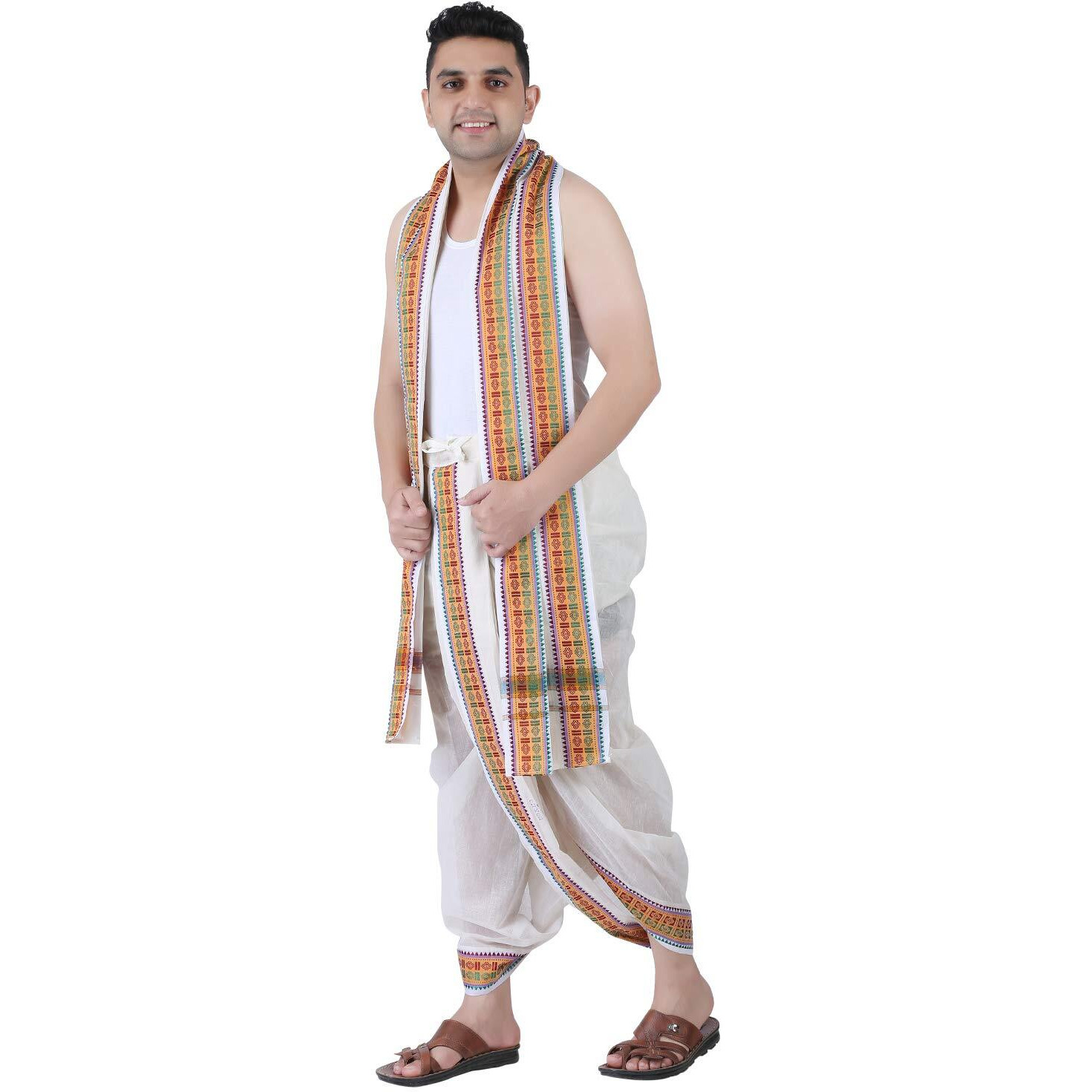 Prakasam Cotton Men's Panchakachamready Made (Ready To Wear) Dhoti Towel Set With Pocket- Free Size (Off White)