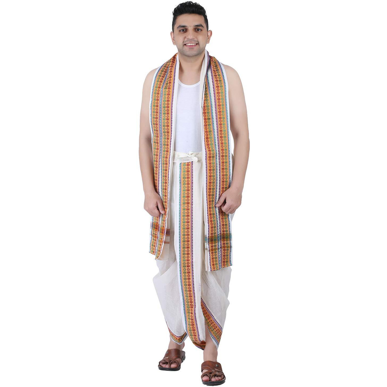 Prakasam Cotton Men's Panchakachamready Made (Ready To Wear) Dhoti Towel Set With Pocket- Free Size (Off White)
