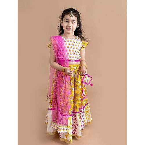 Pspeaches Girls Cotton Yellow White Printed Ready To Wear Readymade Lehenga Set Blouse With Dupatta (Yellow-6-7Y), 6-7 Years
