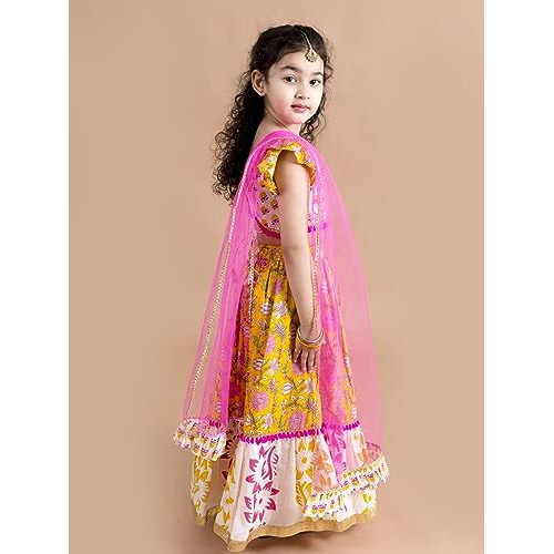 Pspeaches Girls Cotton Yellow White Printed Ready To Wear Readymade Lehenga Set Blouse With Dupatta (Yellow-6-7Y), 6-7 Years