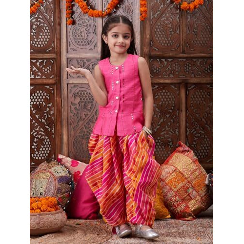 Pspeaches Girl's Cotton 1 Dhoti, 1 Kurta (Dh-Magentapatra-4-5Y_Magenta