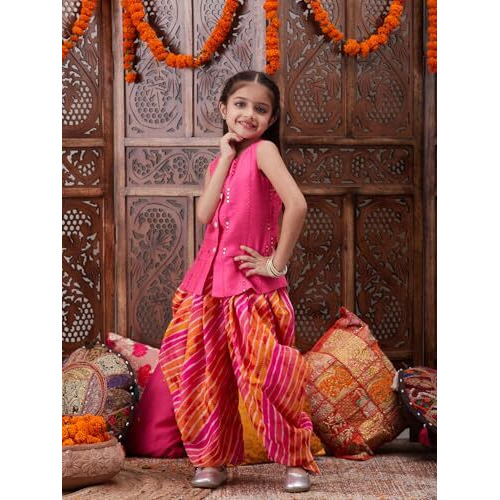 Pspeaches Girl's Cotton 1 Dhoti, 1 Kurta (Dh-Magentapatra-4-5Y_Magenta