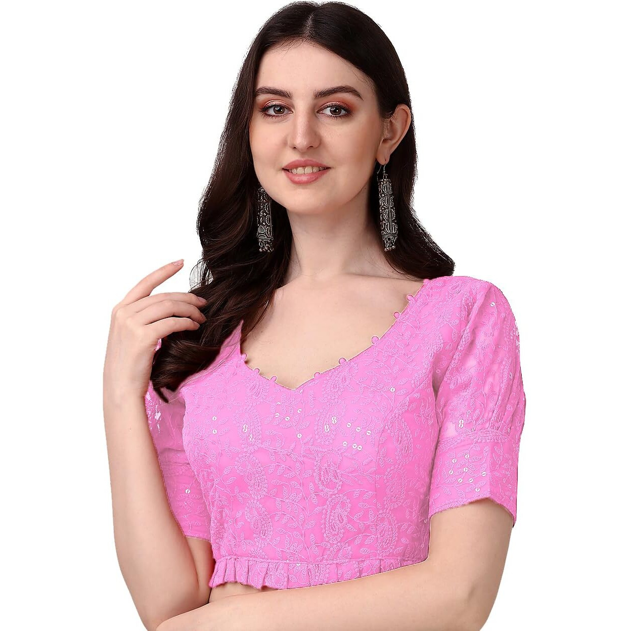 Pujia Mills Women's Georgett Lucknowi Embroidery Puff Sleeve Tie Up Blouse (Lucknowi Tie) (Baby Pink, 32)