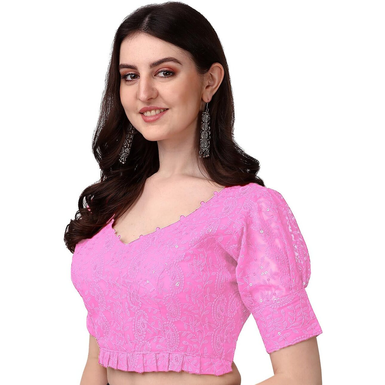 Pujia Mills Women's Georgett Lucknowi Embroidery Puff Sleeve Tie Up Blouse (Lucknowi Tie) (Baby Pink, 32)
