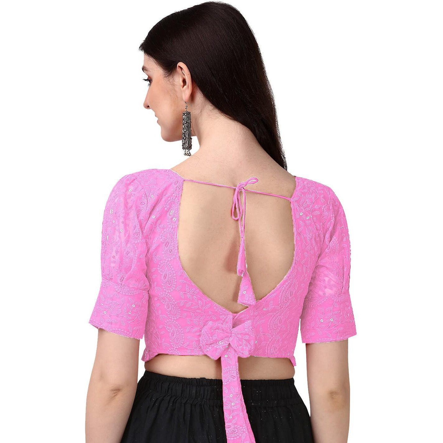 Pujia Mills Women's Georgett Lucknowi Embroidery Puff Sleeve Tie Up Blouse (Lucknowi Tie) (Baby Pink, 32)