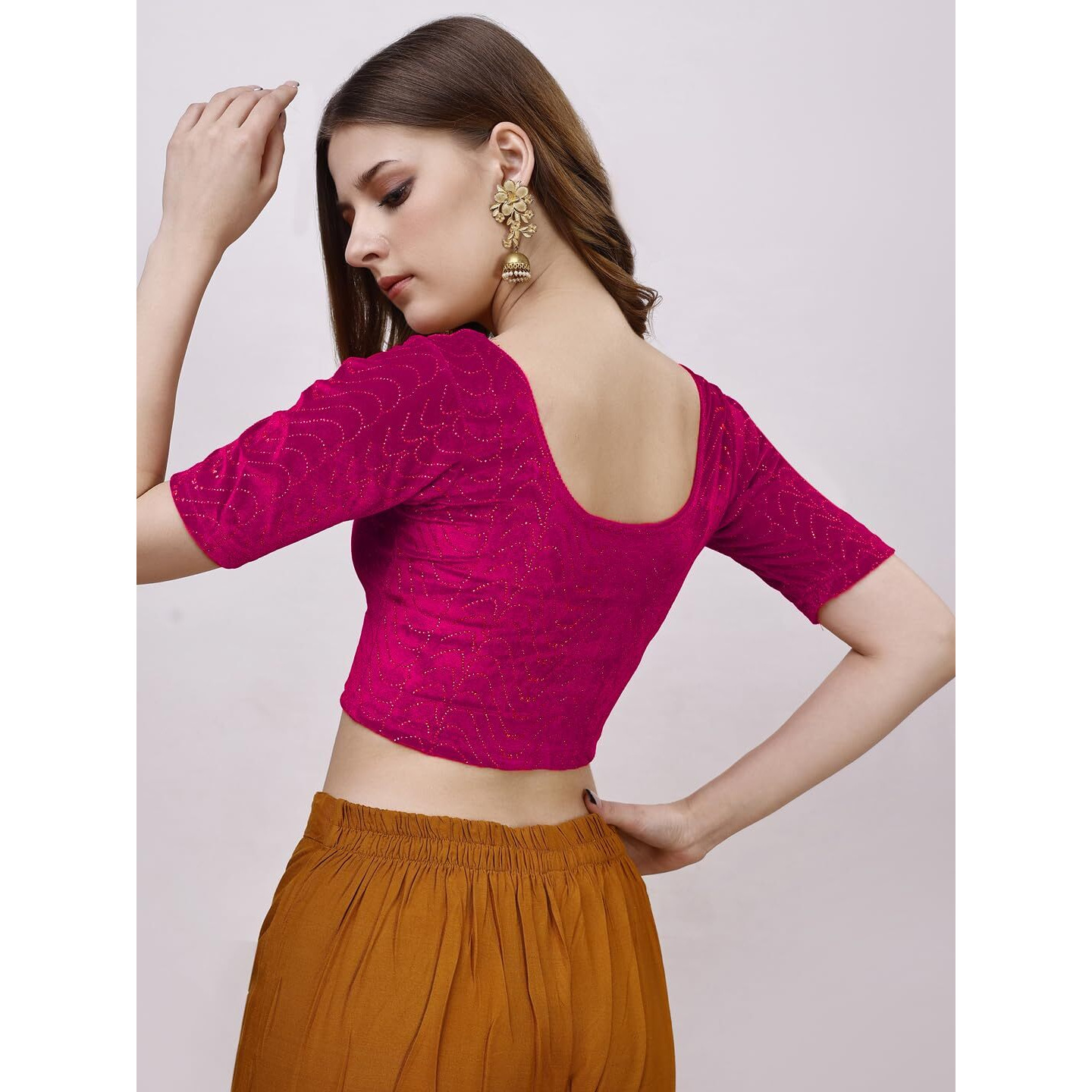 Pujia Mills Women's Readymade Hosiery Velvet Lycra Stretchable Round Neck Half Sleeve Blouse With Jari Work Fancy Pink Color Lycra Stretchable Blouse For Women Readymade Saree Blouse