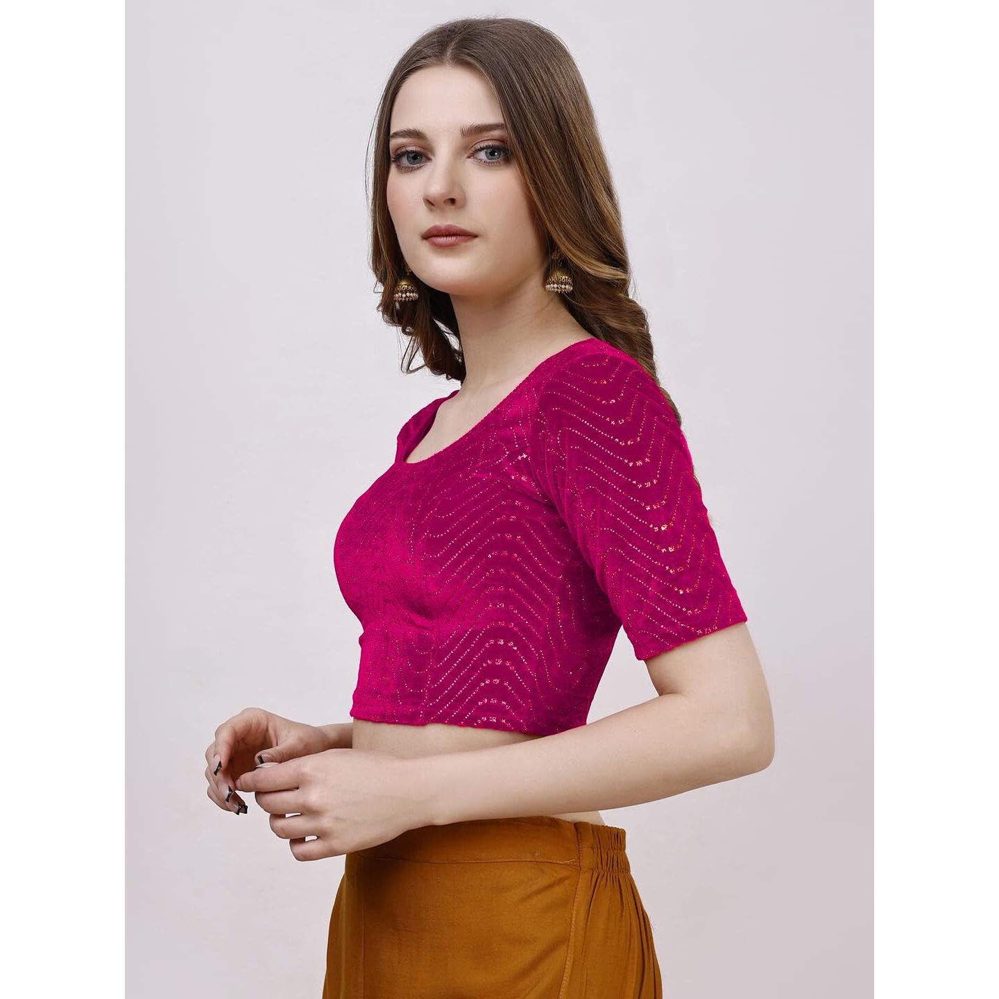 Pujia Mills Women's Readymade Hosiery Velvet Lycra Stretchable Round Neck Half Sleeve Blouse With Jari Work Fancy Pink Color Lycra Stretchable Blouse For Women Readymade Saree Blouse