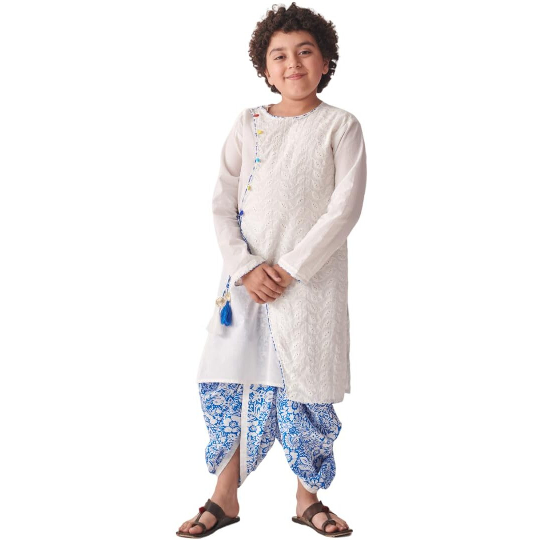 Pspeaches Boys Floral Printed Regular Thread Work Kurta With Dhoti Pants (7-8Years)