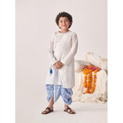 Pspeaches Boys Floral Printed Regular Thread Work Kurta With Dhoti Pants (7-8Years)