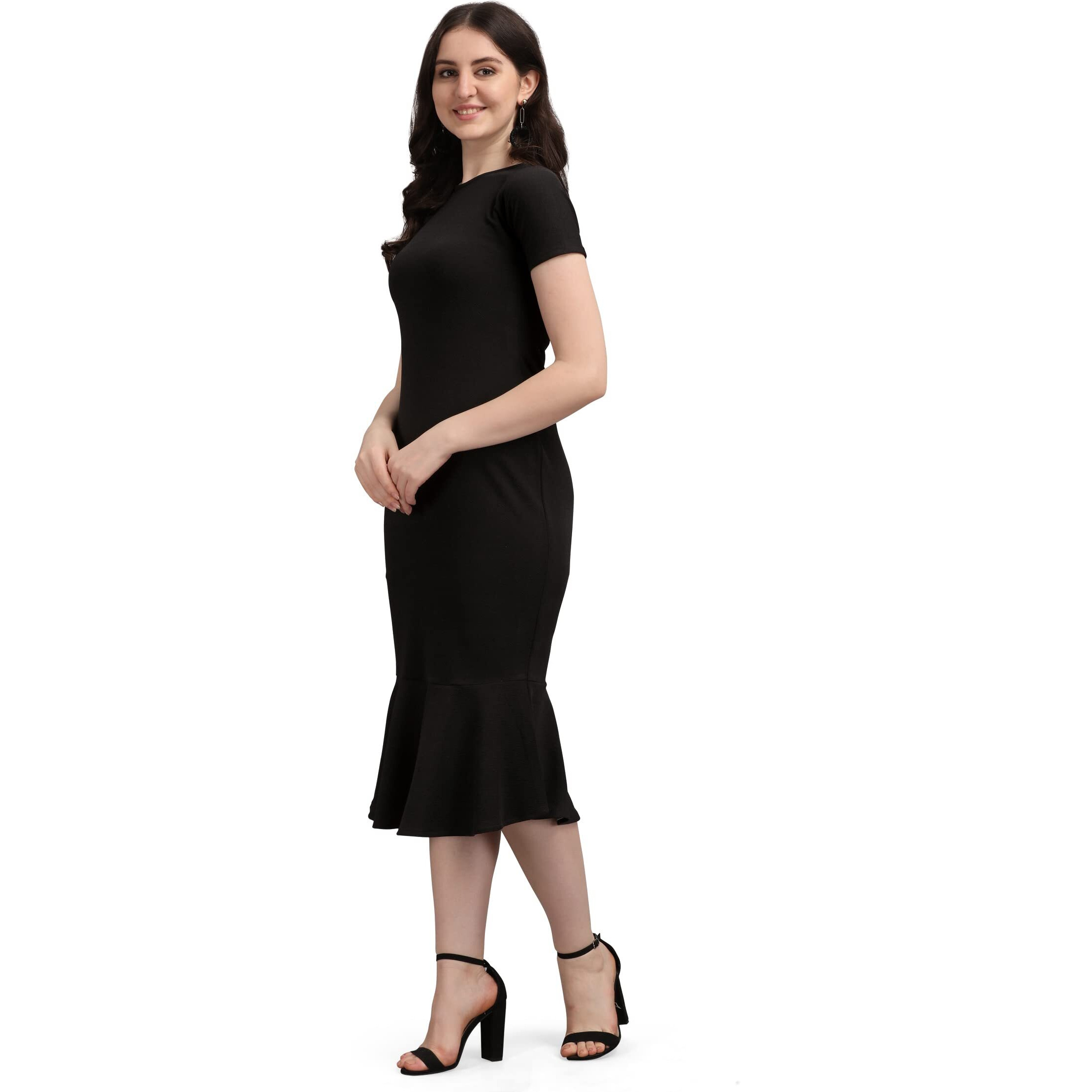 Purvaja Women's Corduroy Bodycon Midi Dress (Ruby-003-Bl-L_Black