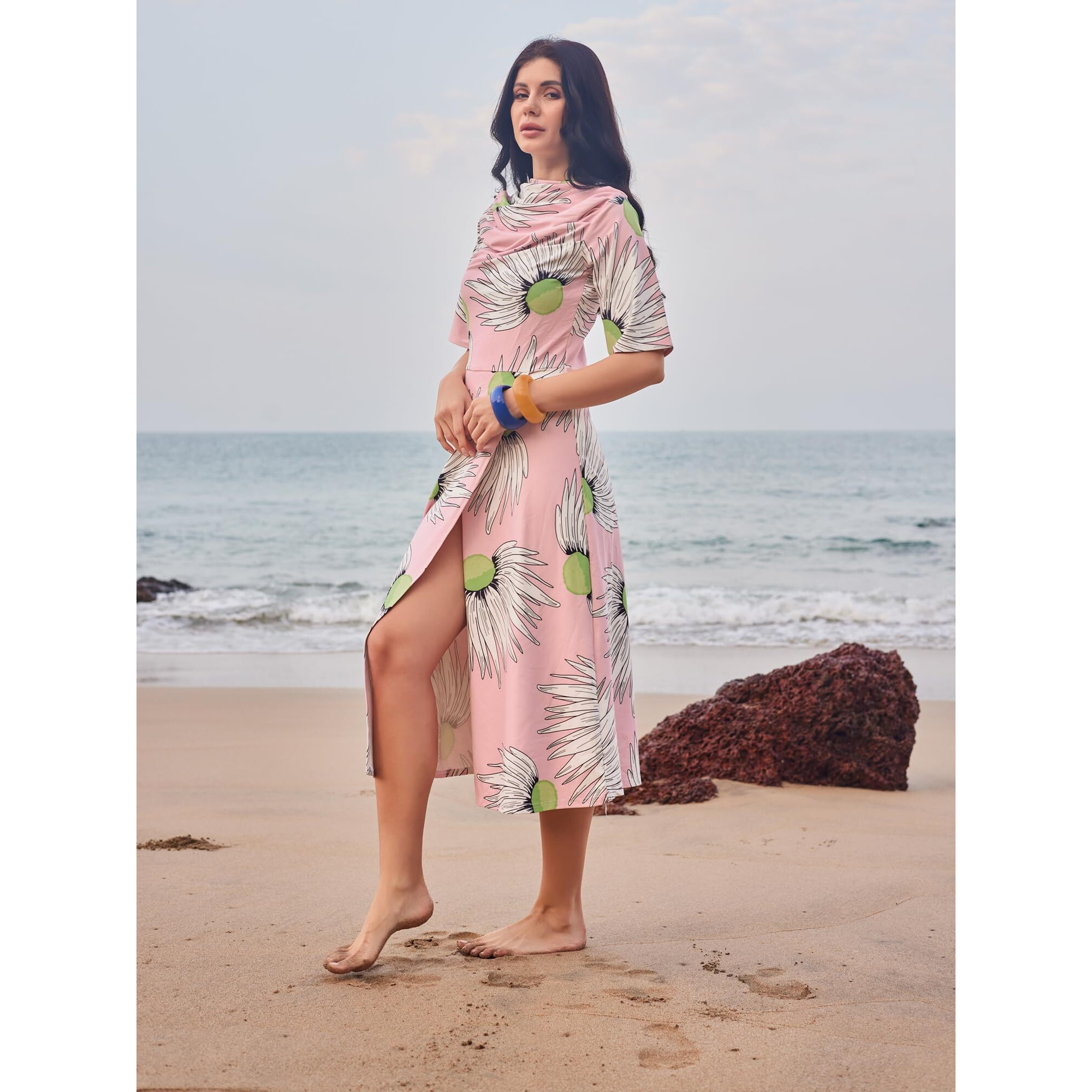 Purvaja Womens Front Silt Midi Length Dress (Wini-041-Daisy_Light Pink_Medium)