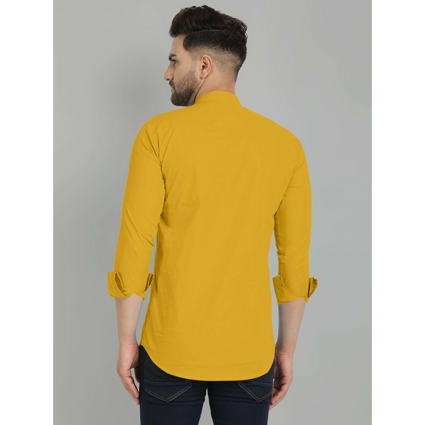 Royalscout Men's Cotton Blend Full Sleeve Short Kurta With Mandarin Collar Gold