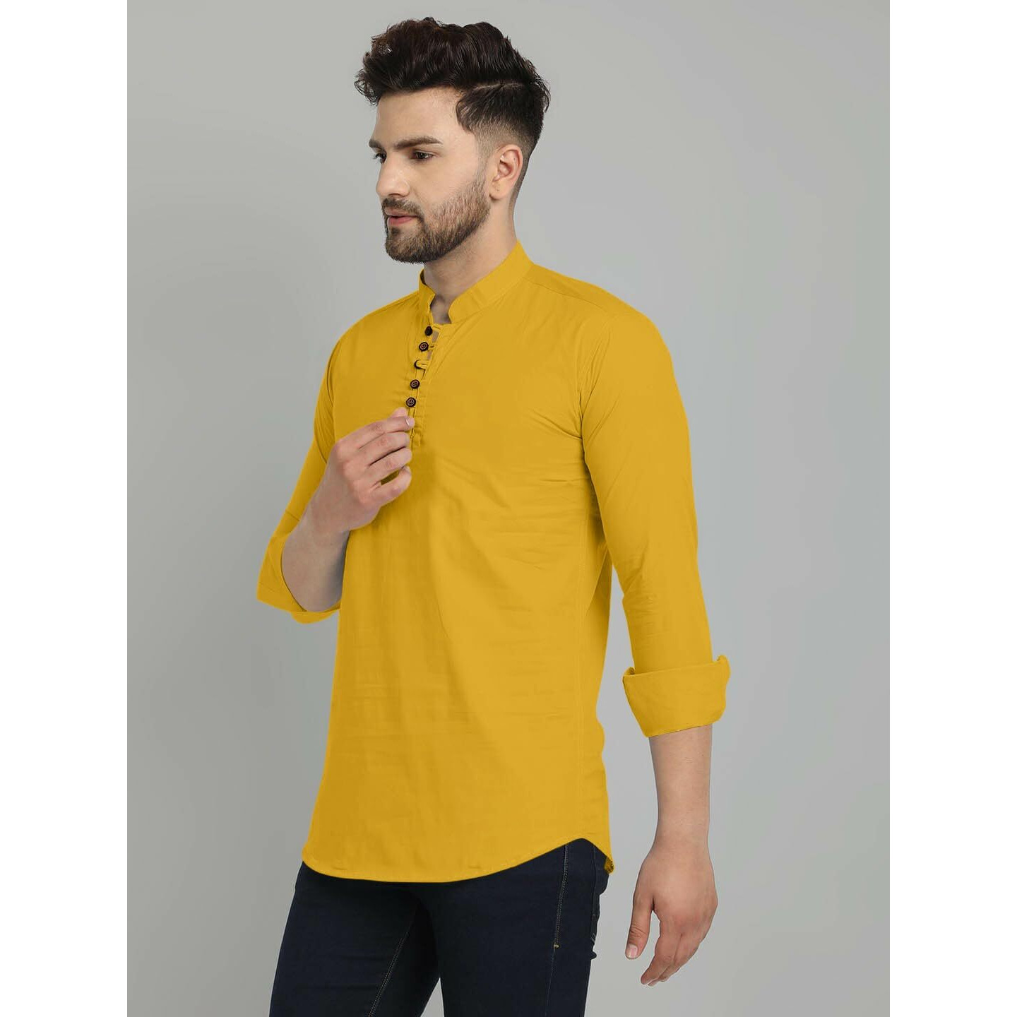 Royalscout Men's Cotton Blend Full Sleeve Short Kurta With Mandarin Collar Gold