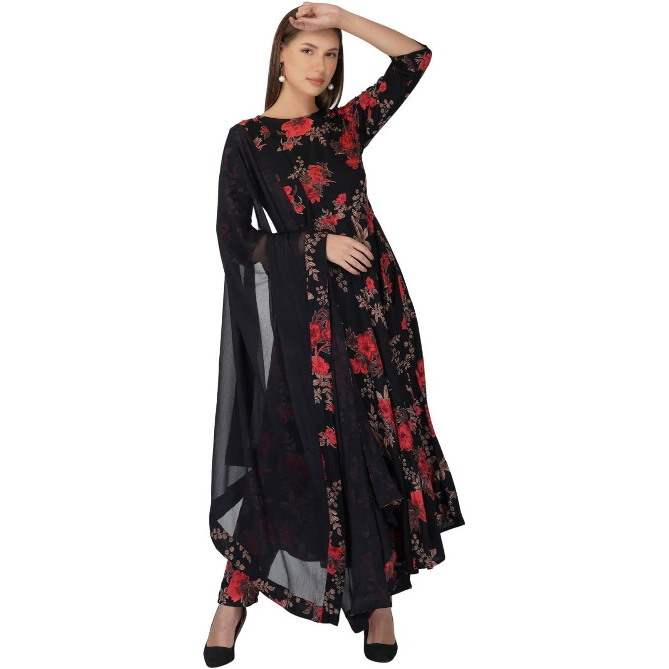Rytras Women's Rayon Printed Anarkali Kurta With Pant And Dupatta Set(Black,L)