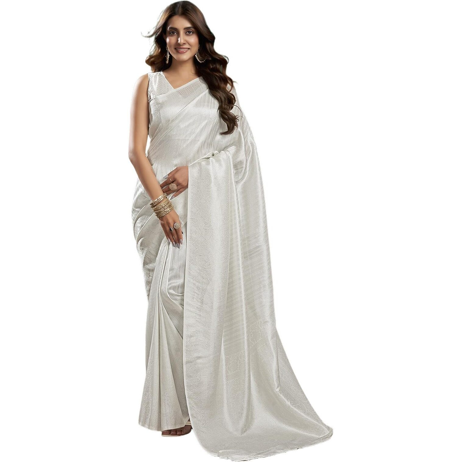 Satrani Women's Silk Blend Banarasi Jacquard Saree With Unstitched Blouse Piece (3819S404N_White & Silver)