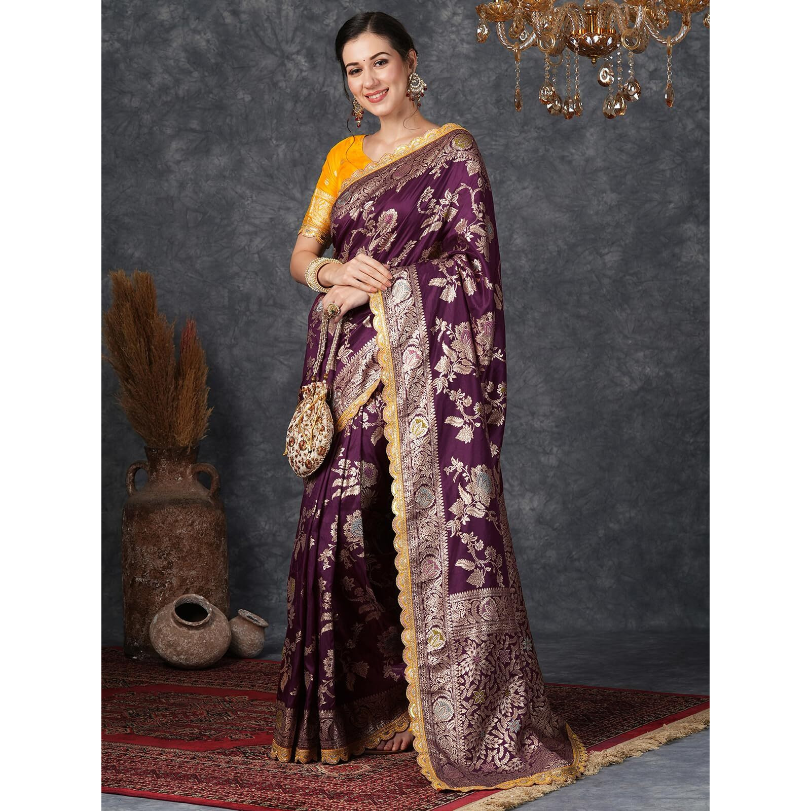 Satrani Women's Silk Blend Banarasi Jacquard Saree With Unstitched Blouse Piece (3800S303N_Wine)