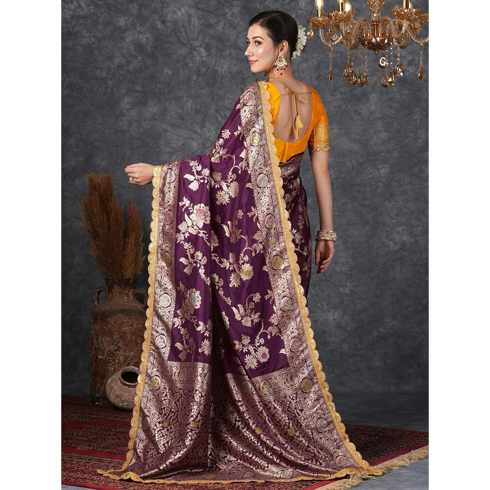 Satrani Women's Silk Blend Banarasi Jacquard Saree With Unstitched Blouse Piece (3800S303N_Wine)
