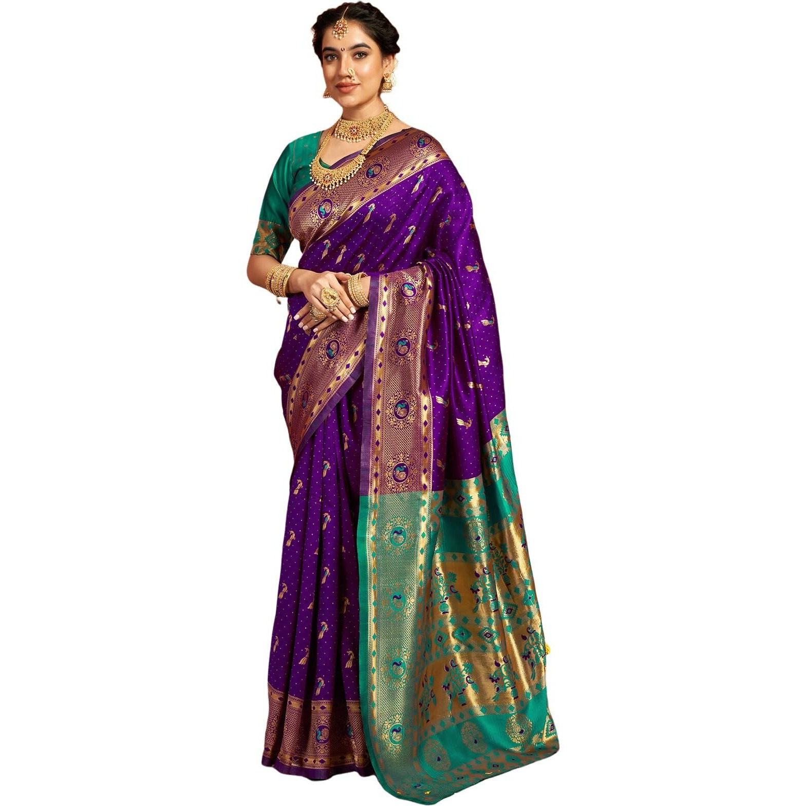 Satrani Women's Silk Paithani Jacquard Saree With Unstitched Blouse Piece (4047S6318N_Dark Purple & Teal Green)