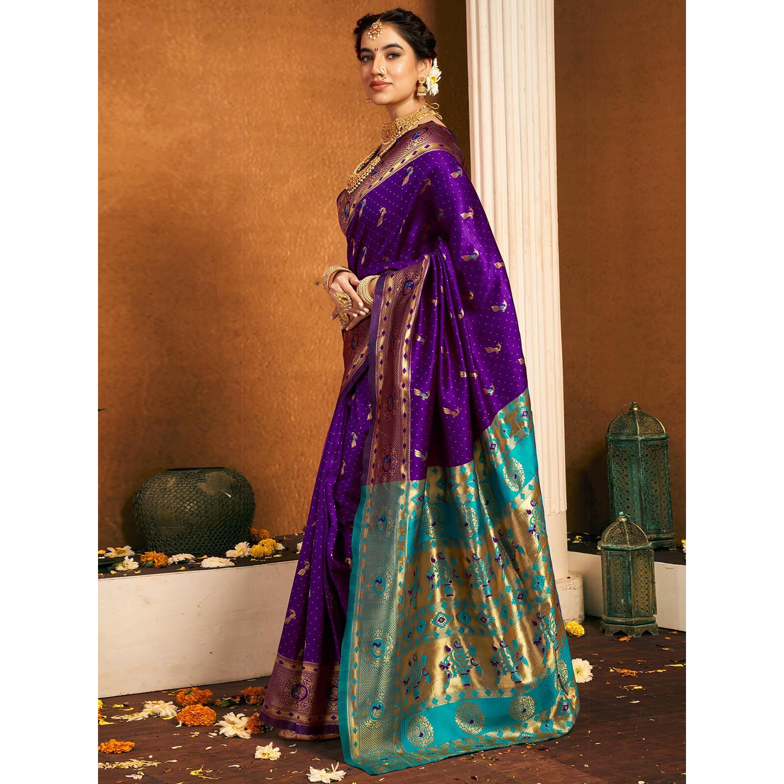 Satrani Women's Silk Paithani Jacquard Saree With Unstitched Blouse Piece (4047S6318N_Dark Purple & Teal Green)