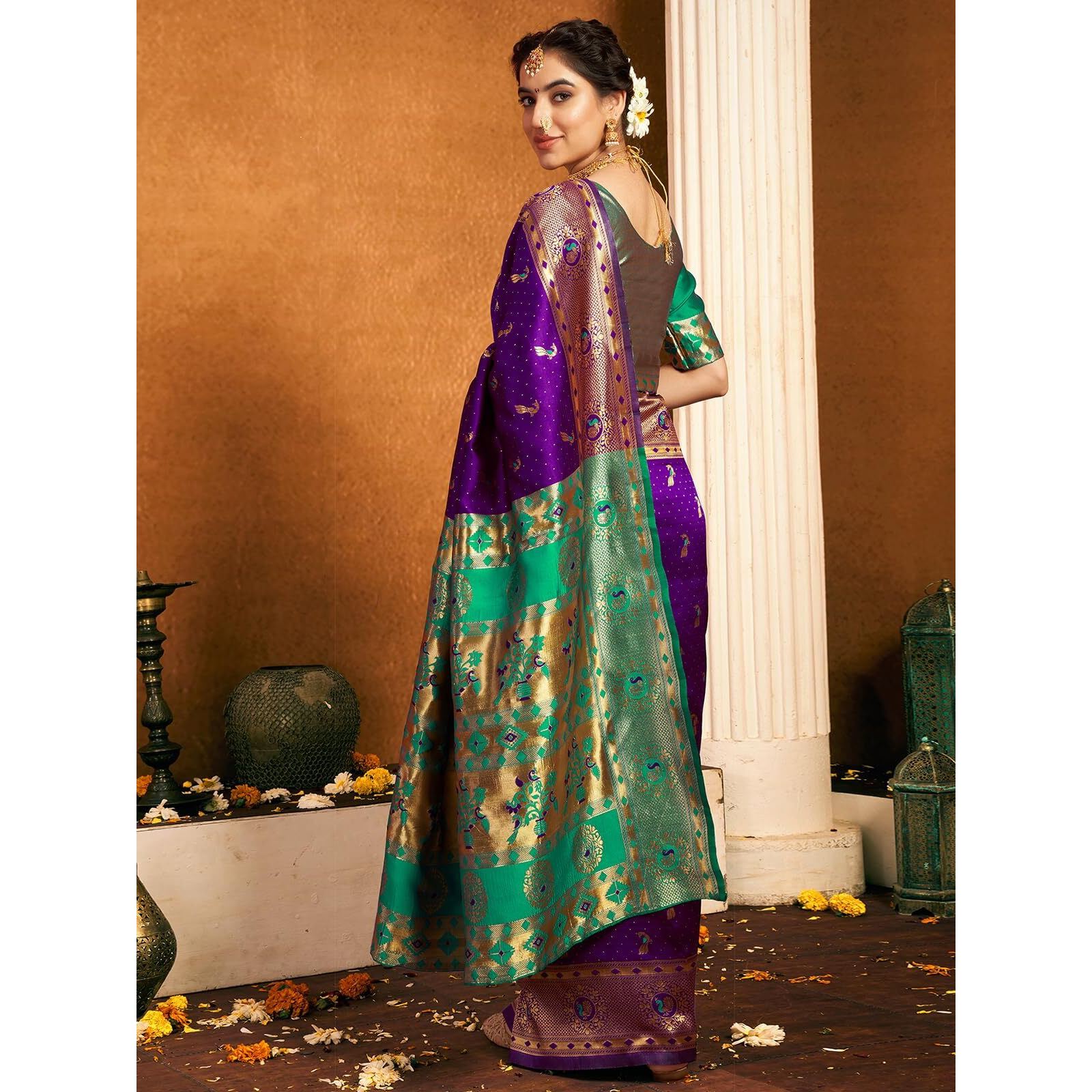 Satrani Women's Silk Paithani Jacquard Saree With Unstitched Blouse Piece (4047S6318N_Dark Purple & Teal Green)