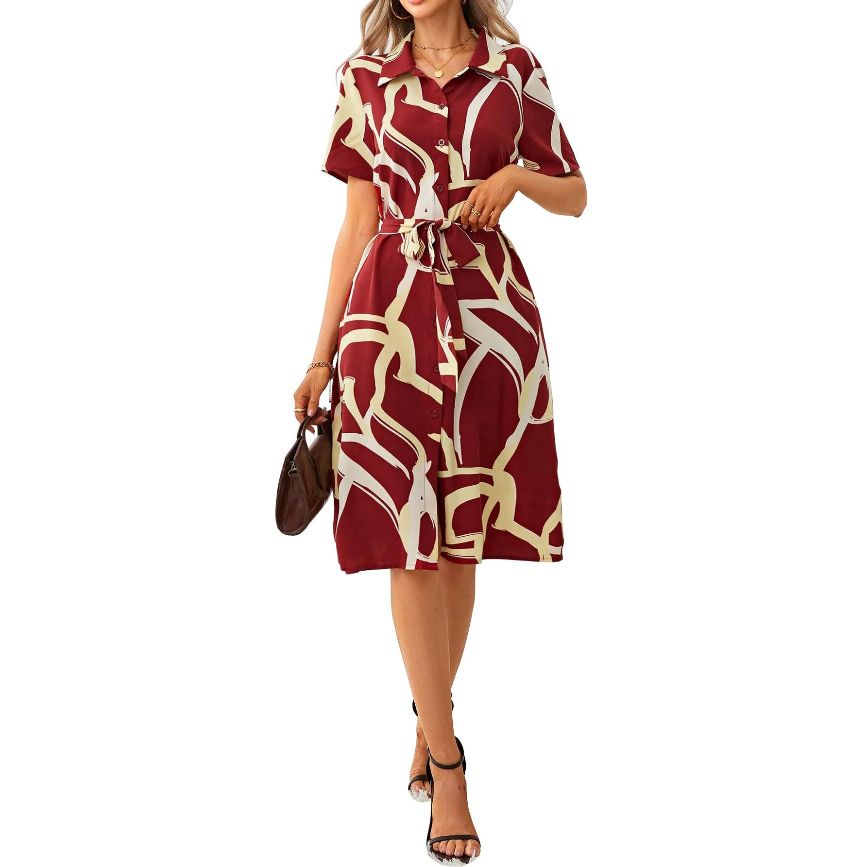 Shasmi Women's & Girl's Dress For Women L One Piece Dress For Women L Beach Dress For Women, Solid Printed Tie Front Collared V Neck Midi Dress (Dress 116 Maroon-L)