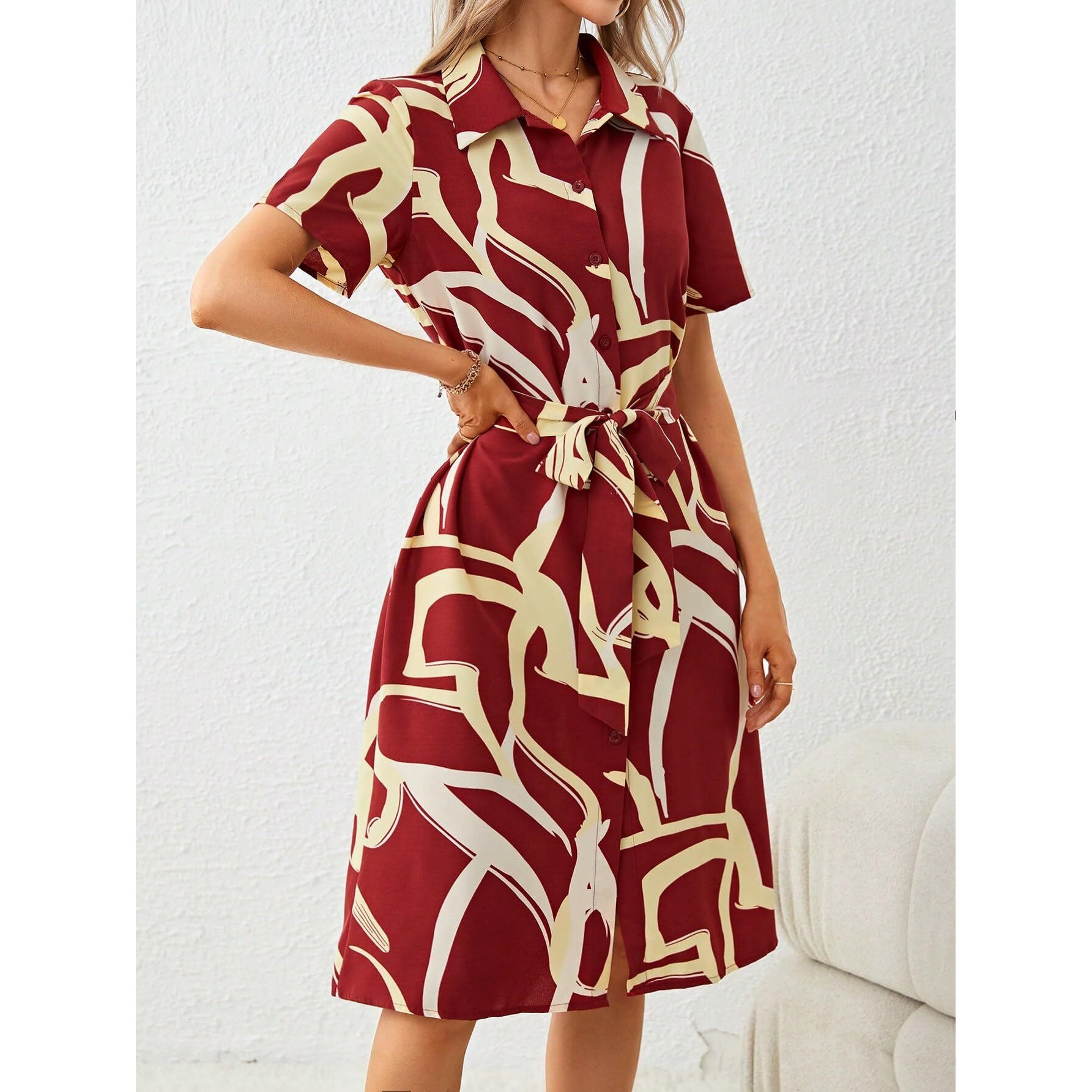 Shasmi Women's & Girl's Dress For Women L One Piece Dress For Women L Beach Dress For Women, Solid Printed Tie Front Collared V Neck Midi Dress (Dress 116 Maroon-L)