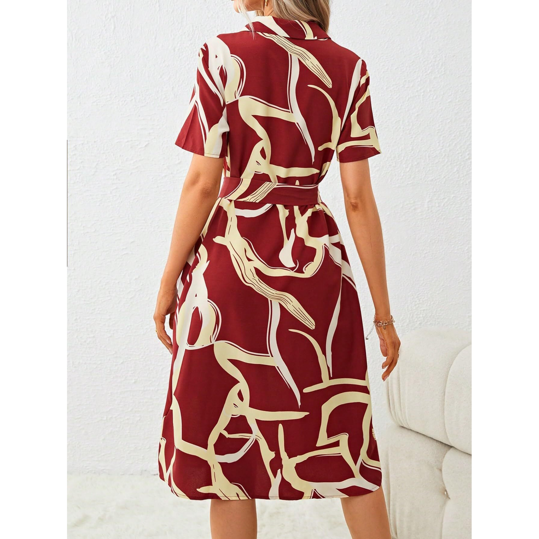 Shasmi Women's & Girl's Dress For Women L One Piece Dress For Women L Beach Dress For Women, Solid Printed Tie Front Collared V Neck Midi Dress (Dress 116 Maroon-L)