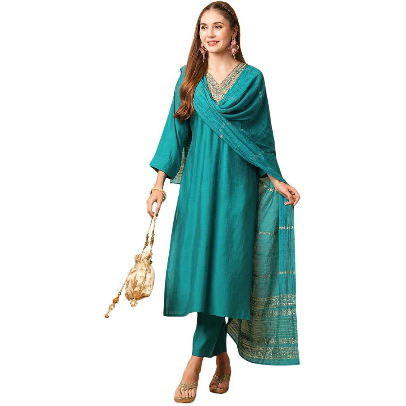 Shiv Textiles Women's Rama Desinger Viscose Chandderi Desinger Ethnic Wear Kurta With Pant & Duppata (Jd-Amayra-Rama-M)