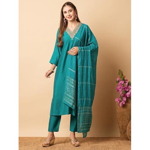 Shiv Textiles Women's Rama Desinger Viscose Chandderi Desinger Ethnic Wear Kurta With Pant & Duppata (Jd-Amayra-Rama-M)