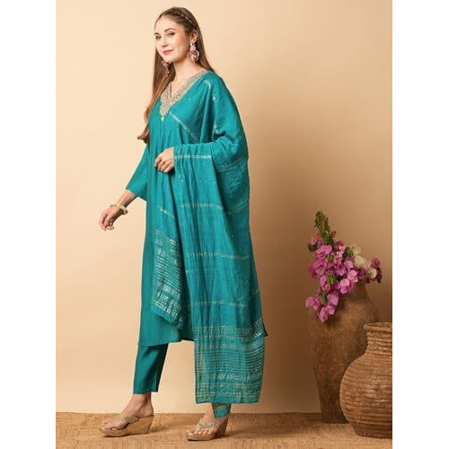 Shiv Textiles Women's Rama Desinger Viscose Chandderi Desinger Ethnic Wear Kurta With Pant & Duppata (Jd-Amayra-Rama-M)